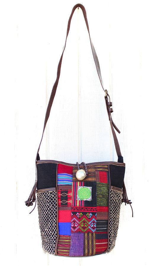 Handmade hill tribe artisan handwoven cotton patchwork crossbody bucket bag with leather strap - Atlas Goods