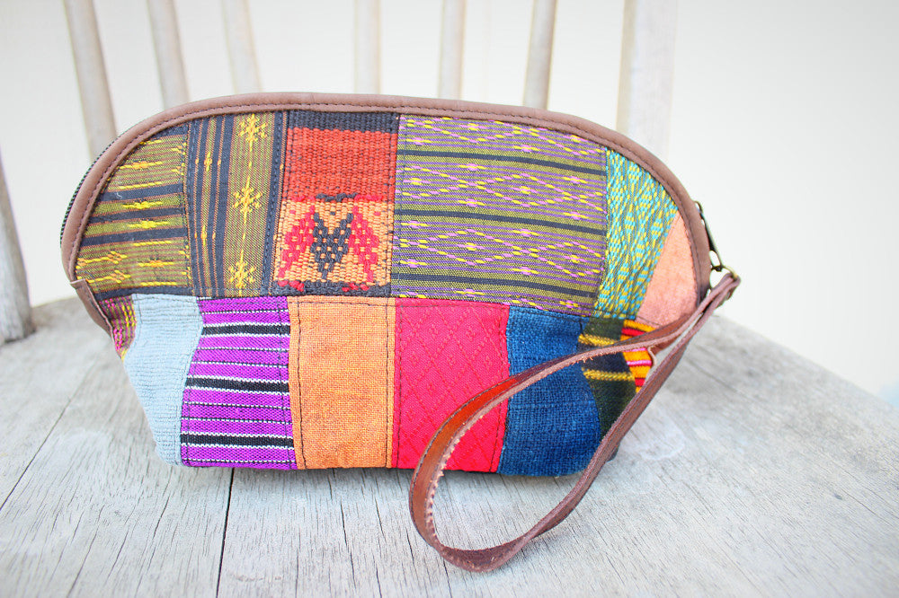 Handmade hill tribe artisan handwoven cotton patchwork with leather accent wristlet / clutch - Atlas Goods