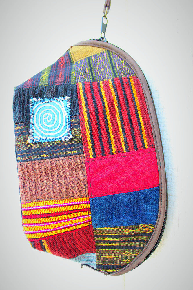 Handmade hill tribe artisan handwoven cotton patchwork with leather accent wristlet / clutch - Atlas Goods
