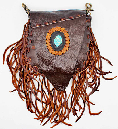 Handmade genuine leather bohemian saddle bag with fringe and premium stone accent