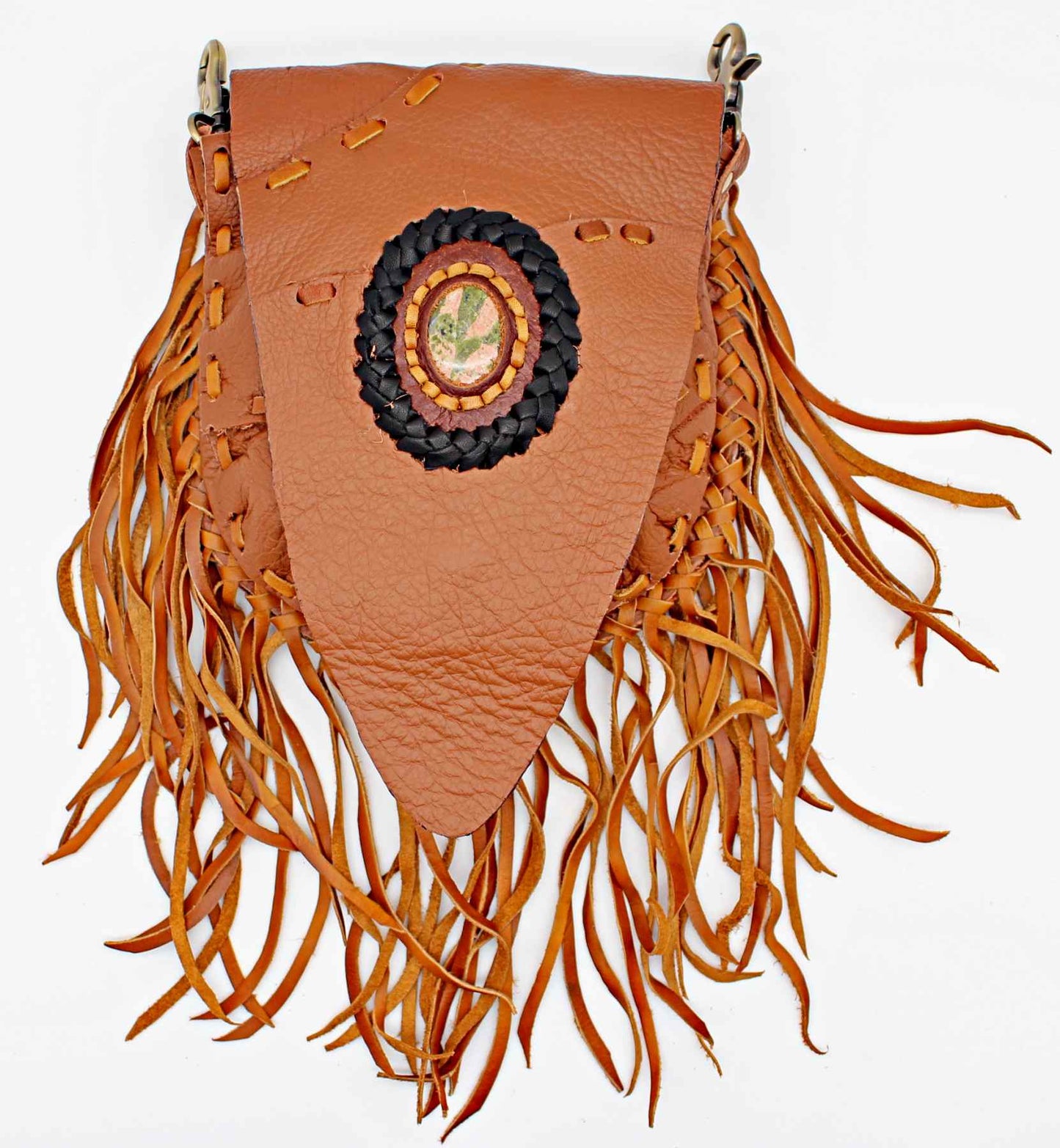 Handmade genuine leather bohemian saddle bag with fringe and premium stone accent