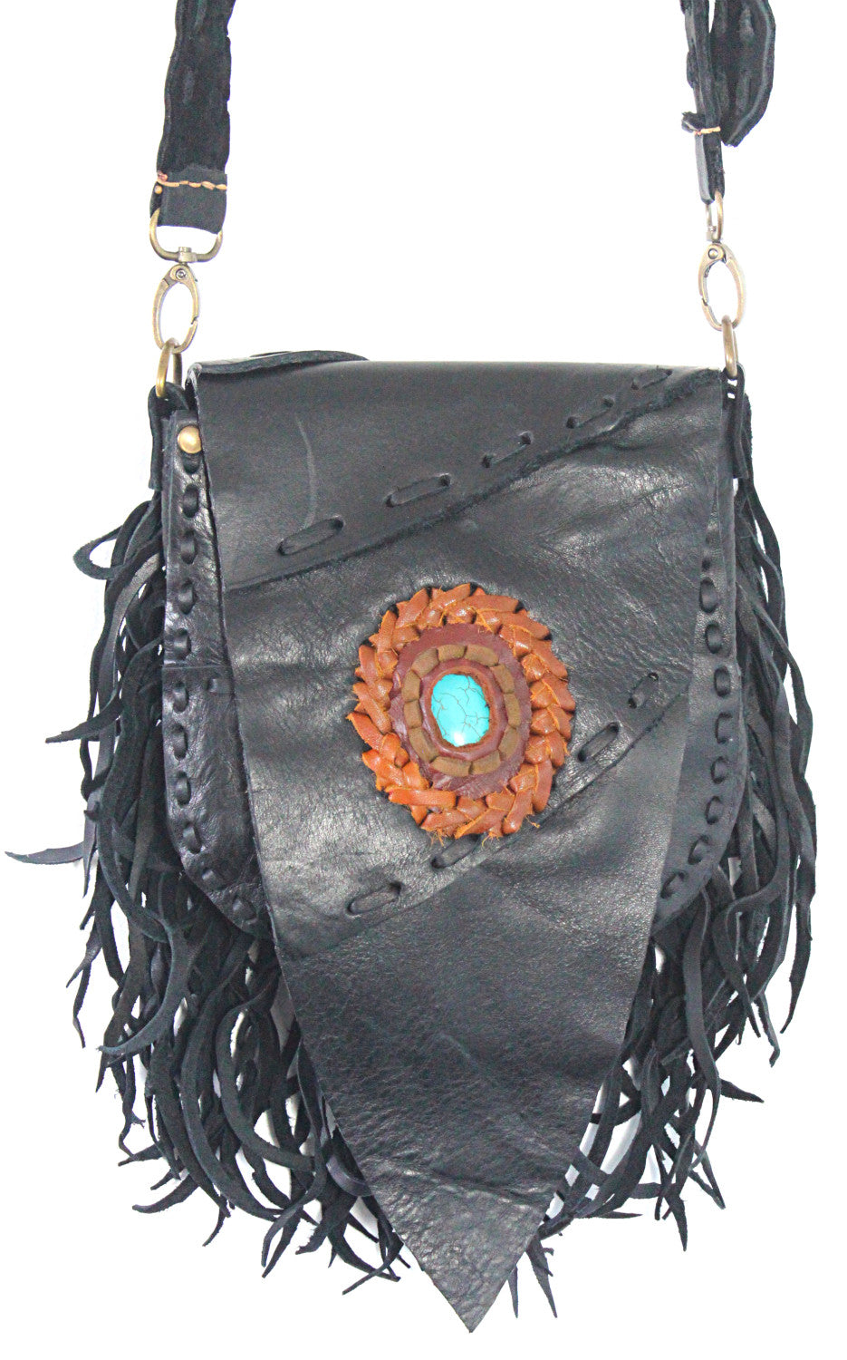 Handmade genuine leather bohemian saddle bag with fringe and stone accent - Atlas Goods