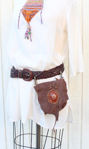 Handmade leather possible bag bohemian/ hippy style with blue stone accent