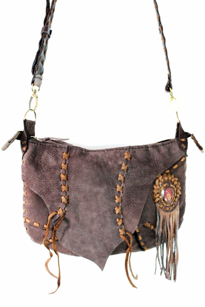 Handmade genuine leather bohemain messenger / hobo convertible bag with hand selected semi- precious stone accent - Atlas Goods