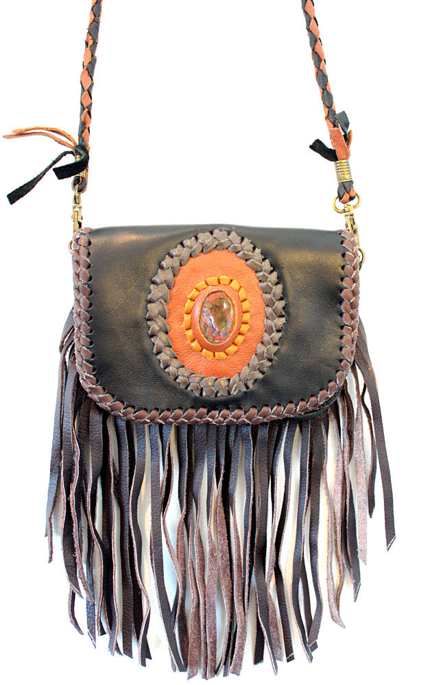 Handmade genuine leather bohemian smart phone bag with fringe and stone accent