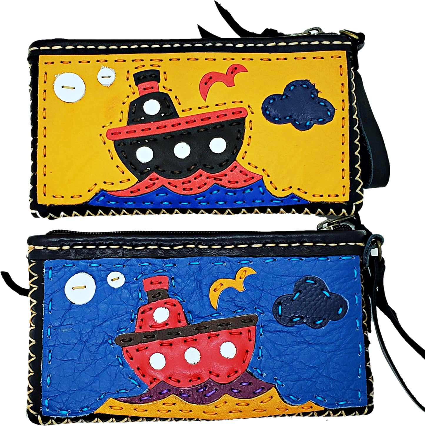 Handmade genuine leather collage art clutch/ wallet-Tug boat design