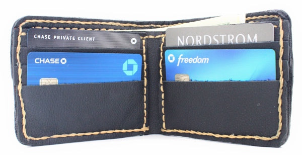 Handmade genuine pebble grain leather bifold wallet with precious stone accent