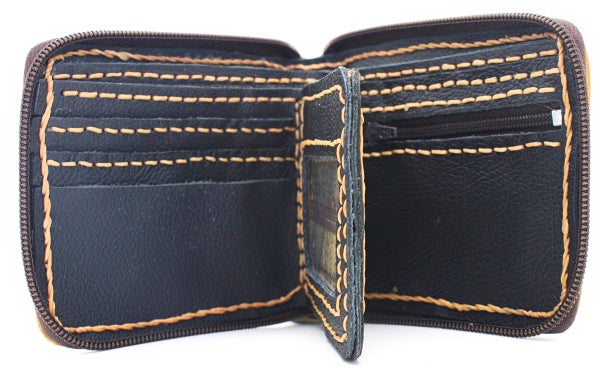 Handmade genuine leather bifold zipper wallet