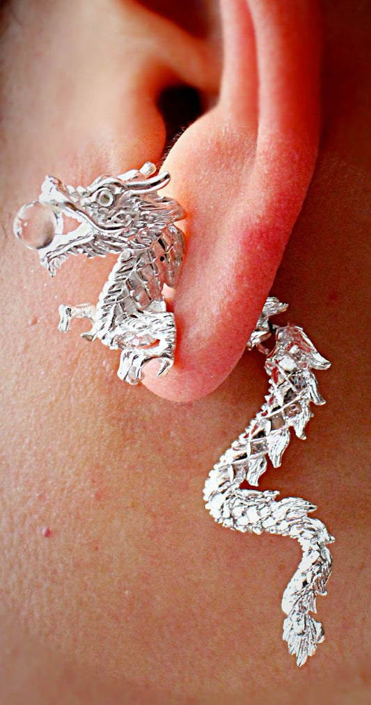 Hand craft Pokee Tru 3D earring double sided post stud Animal style with gemstone- Dragon design