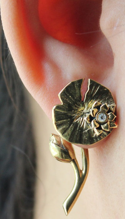 Hand craft Pokee Tru 3D earring double sided post stud feminine flower style- Lotus flower design
