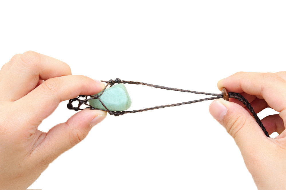 Handmade interchangeable macramé cage necklaces with tumbled stone - Atlas Goods