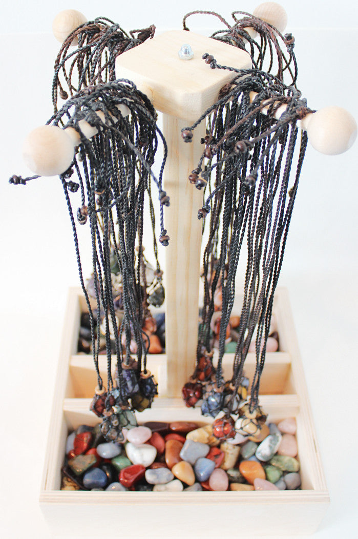 Handmade interchangeable macramé cage necklaces with tumbled stone - Atlas Goods