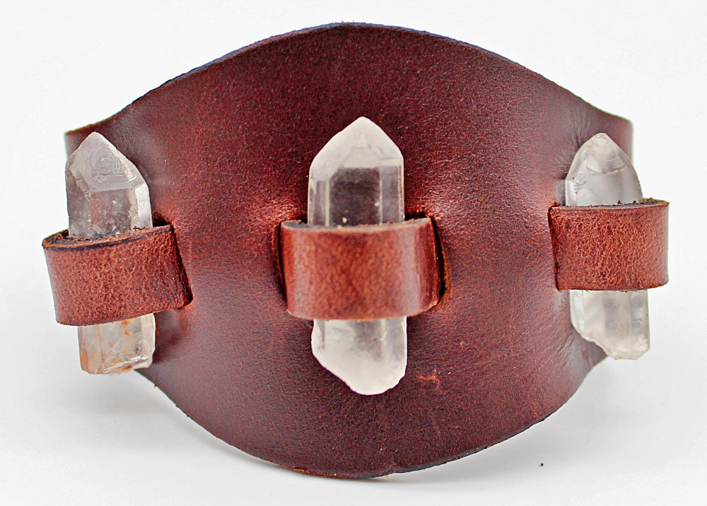 Handmade genuine  leather gem stone crystal holder single strap bracelets/ cuffs (With stones)