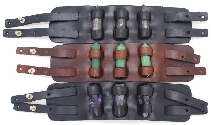 Handmade genuine  leather gem stone crystal holder bracelets/ cuffs double bands (With stones)