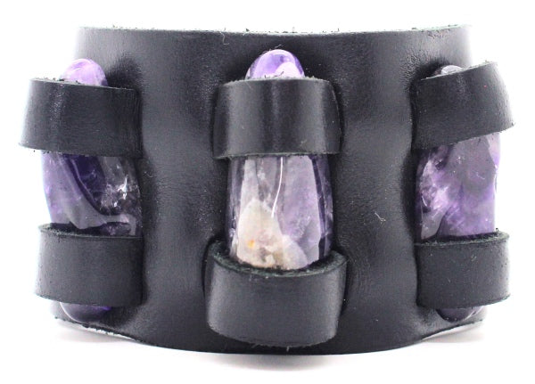 Handmade genuine  leather gem stone crystal holder bracelets/ cuffs double bands (With stones)