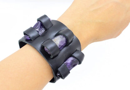 Handmade genuine  leather gem stone crystal holder bracelets/ cuffs double bands (With stones)