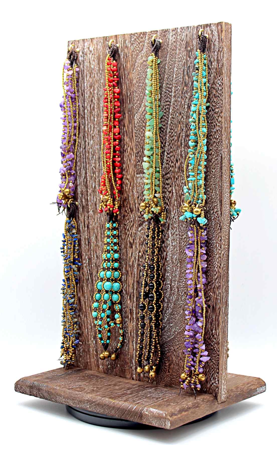 Handmade macrame gemstone bracelets with rotation wooden display