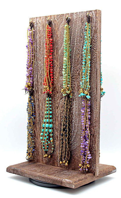 Handmade macrame gemstone bracelets with rotation wooden display