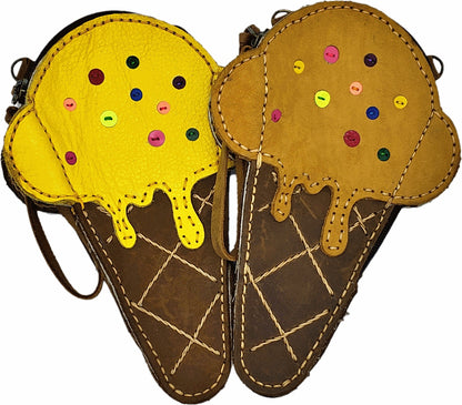 Handmade genuine leather collage art clutch/ wallet- Ice-cream cone design