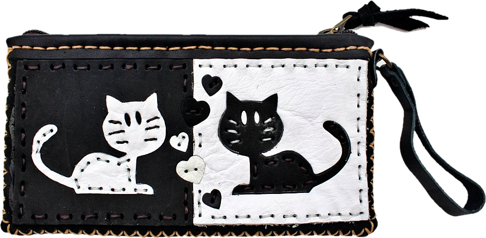 Handmade genuine leather collage art clutch/ wallet-Love cat design