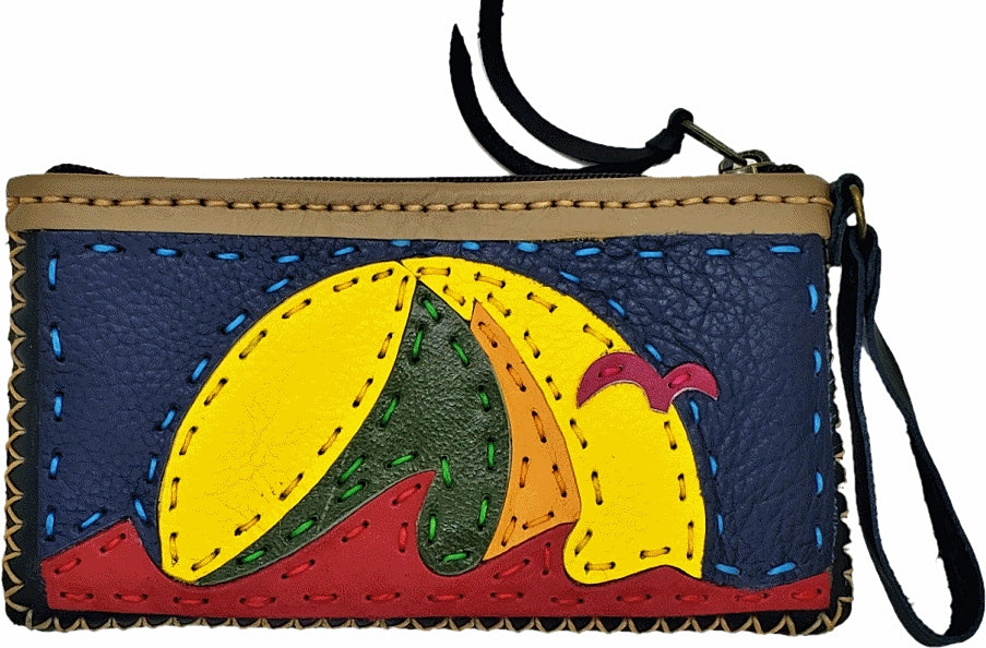 Handmade genuine leather collage art clutch/ wallet-Sail boat design