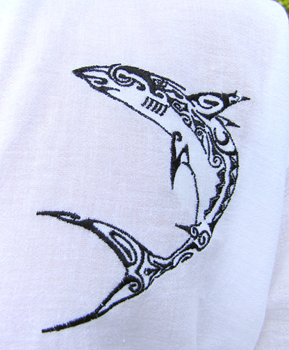 Men's shirt white chinese collar long sleeve with celtic shark embroidery/ Beach wedding/ Yoga/ Renaissance Medieval