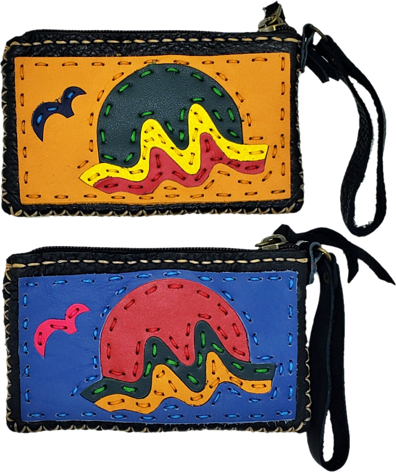 Handmade genuine leather collage art coin purse/ wallet-Sunset design