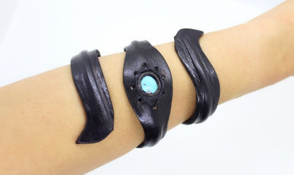 Handmade genuine leather hand tooled wrap cuff bracelet with stone